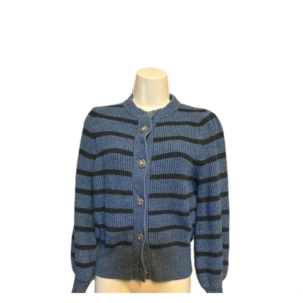 Who What Wear Cardigan‎ Womens Size M Blue Black Striped Buttons Detail Sweater